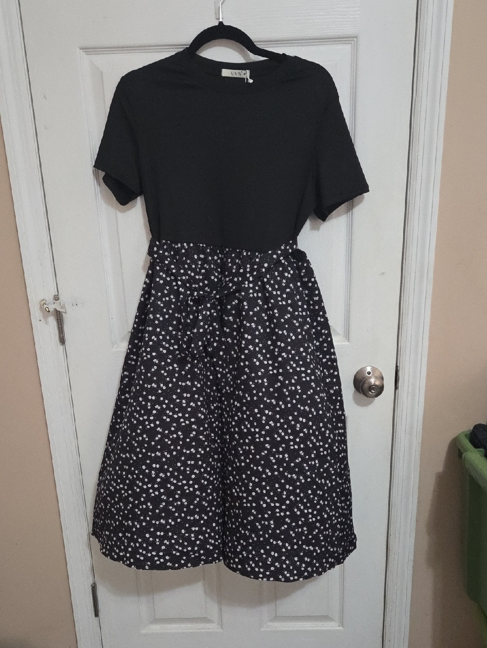 Black Top with Black & White Flower Skirt Dress